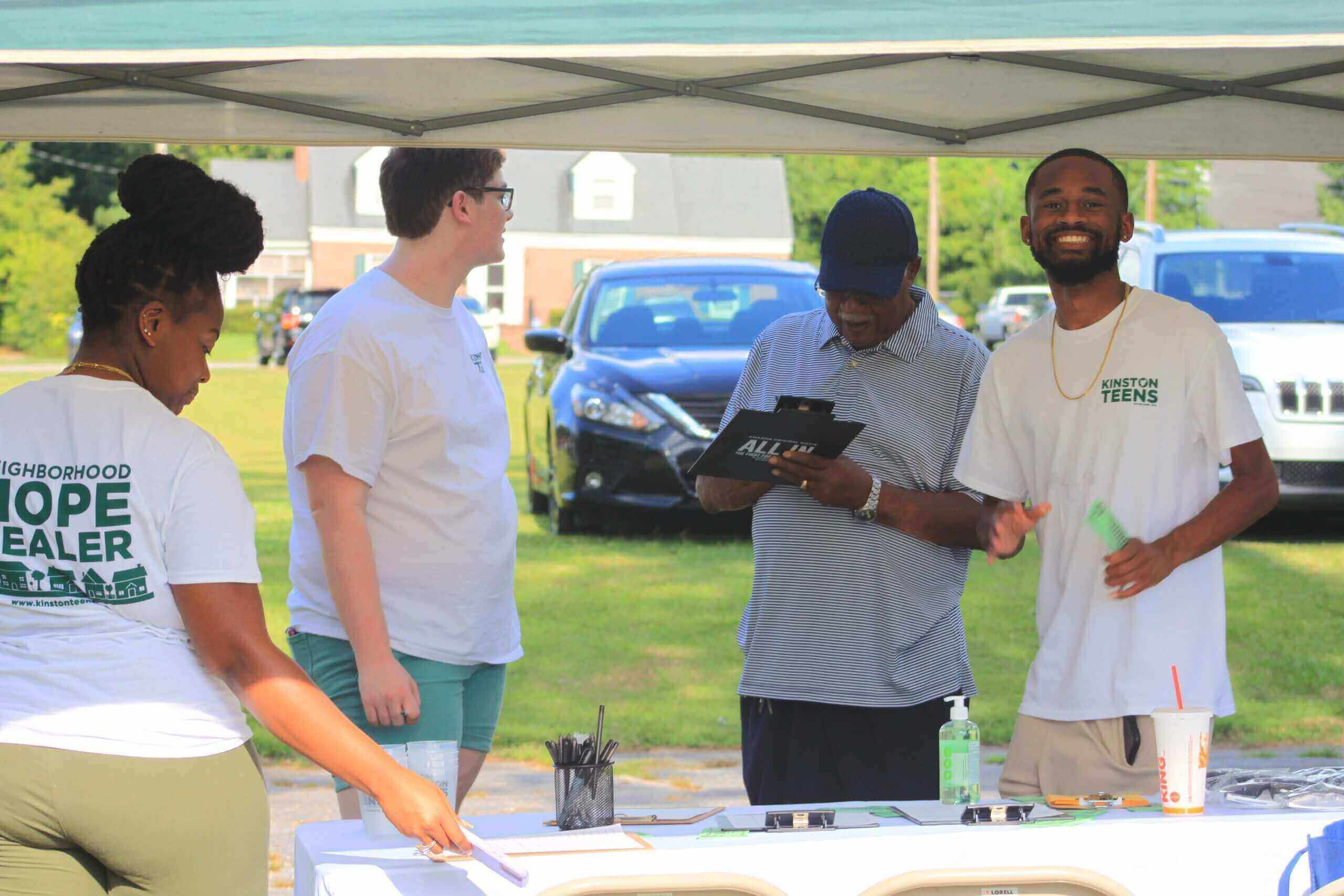 people at registration table